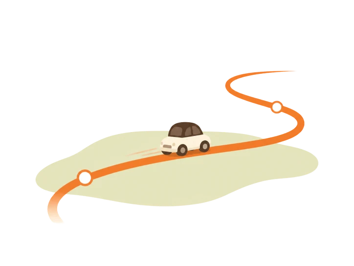 車が走った道にオレンジの軌跡が残っていくイラスト